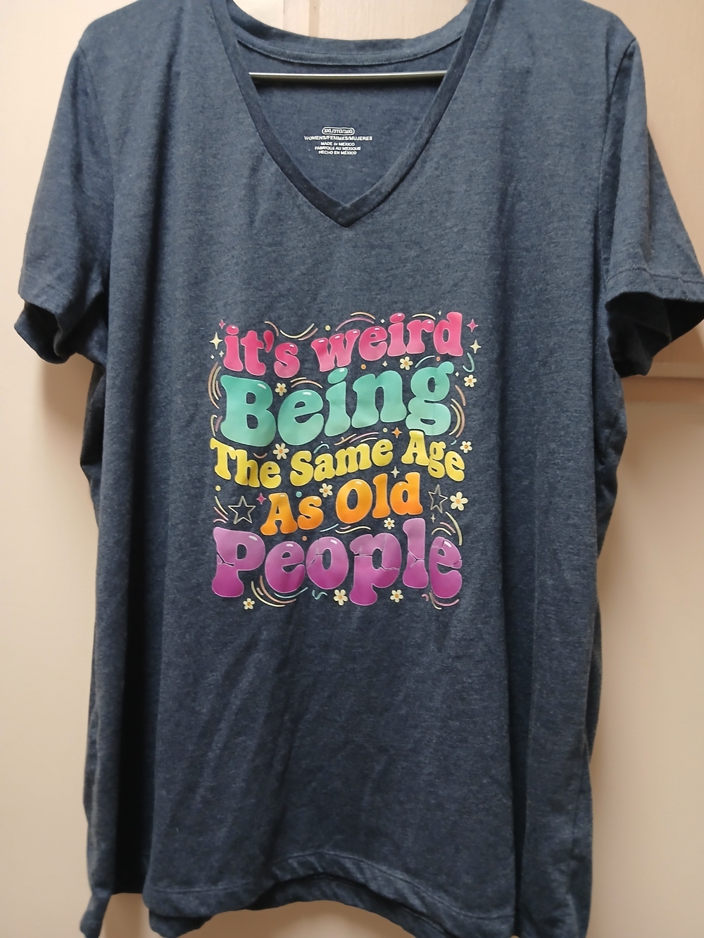 Women's Navy V-Neck Graphic Tee - Colorful Retro Text